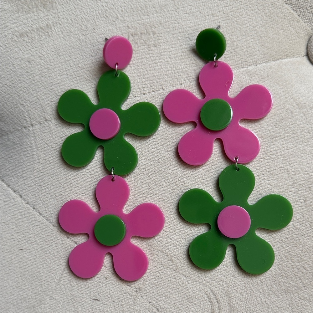 Pink and Green Flower Earrings